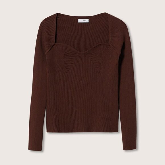Mango MNG Sweetheart Neck Sweater Ribbed Knit Jumper in Brown Women's S - Picture 7 of 7